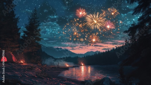 Spectacular fireworks illuminate a serene campsite under a starlit night