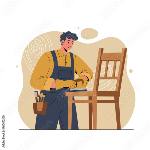 Carpenter working on wooden chair wearing gloves and apron with tools in pocket vector illustration 
