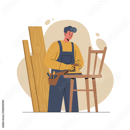 Carpenter sanding wooden chair with planks and tools in workshop vector illustration 