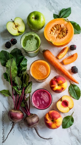 Apple and carved pumpkin surrounded by fresh juice, beet, and fruits