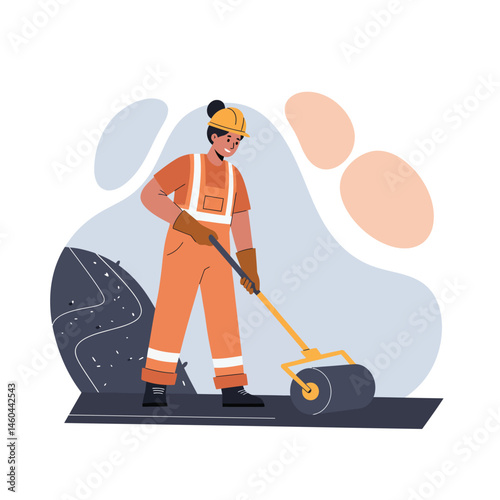 Construction worker operating asphalt roller on road site wearing safety helmet and orange uniform vector illustration 