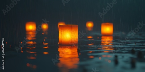 Illuminated lanterns float on rain swept water at night creating a serene and peaceful atmosphere