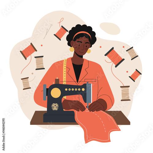 Seamstress working on sewing machine surrounded by colorful thread spools vector illustration in orange and beige tones 