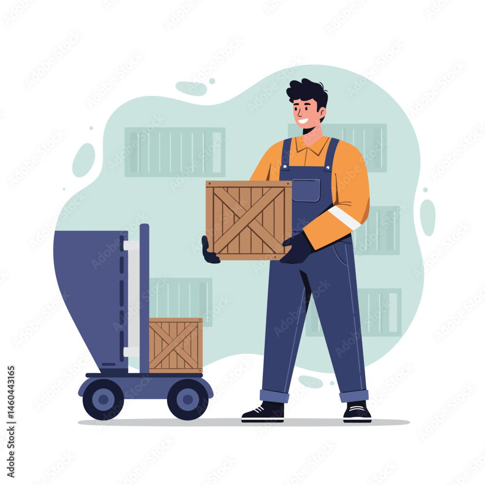 Worker carrying wooden crate in warehouse logistics and manual labor vector illustration Worker carrying wooden crate in warehouse logistics and manual labor vector illustration