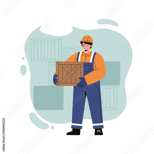 Warehouse worker lifting wooden crate in safety helmet and gloves vector illustration in industrial environment