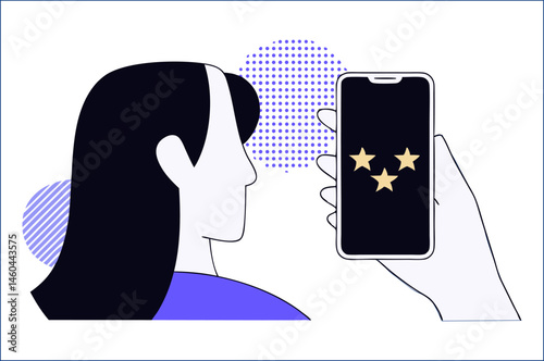 A colorful illustration depicting a person looking at a smartphone displaying three gold stars, suggesting rating, feedback, or review.
