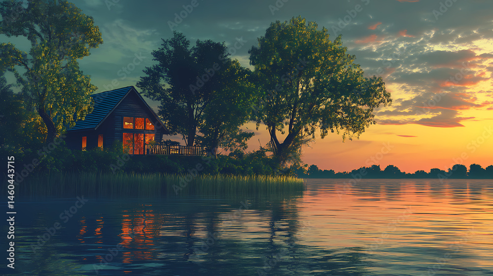 Fototapeta premium River bend island home secluded green landscape. [Solar Echoes] | Twilight Refraction | bending dusk. Illustration