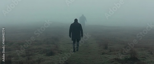 Two men walk away on a misty, grassy path into the fog, creating a sense of mystery