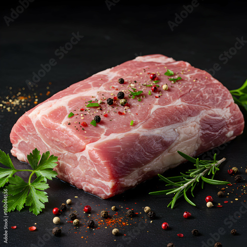 A close up shot of a raw pork shoulder roast seasoned with herbs and peppercorns on a dark surface