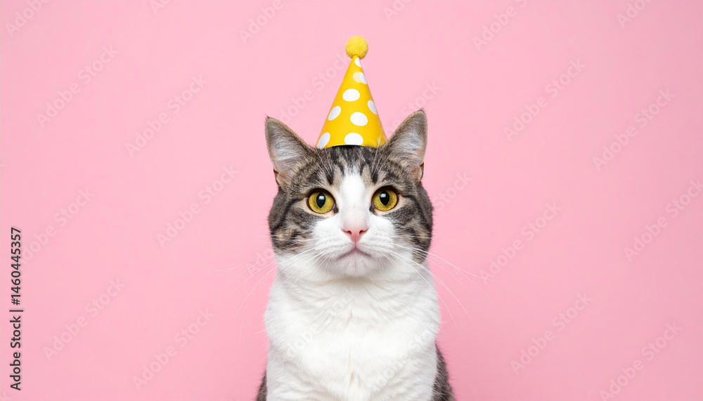 funny cat in a cap celebrates birthday, on a pink background funny cat in a cap celebrates birthday, on a pink background