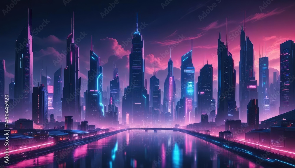 Fototapeta premium Futuristic cityscape at twilight, vibrant neon lights reflecting on a tranquil river