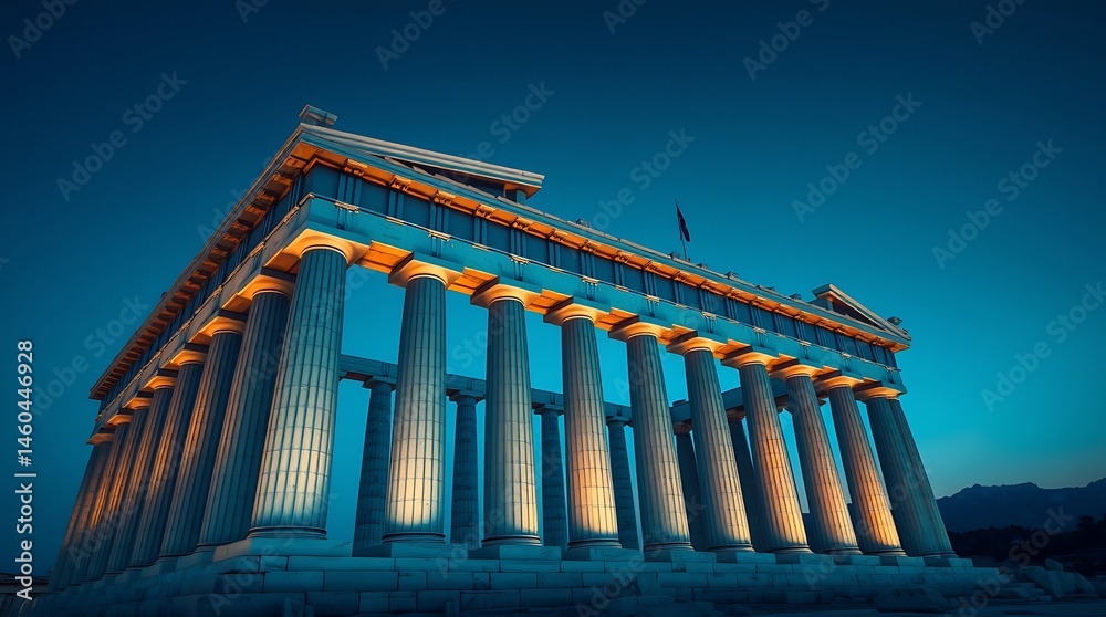 Obraz premium Rich deep teal, high-angle perspective 3D pixel art rendering of The Parthenon at dusk. Bright blue sky, lit torches, detailed stone carvings. Luxurious and vibrant color palette