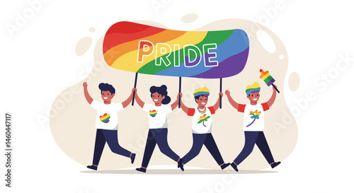 Diverse group celebrating pride with rainbow flag and colorful party hats in festive parade vector illustration 