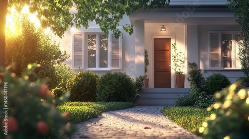 A contemporary house exterior with a cozy yet stylish front porch, a sleek and trendy entrance door, windows framed with clean shutters, and a neatly paved yard that adds to its modern appeal