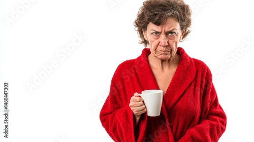 Woman in red robe frowning while holding a white mug in a bright indoor setting on a morning