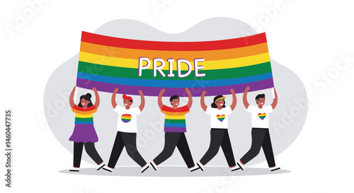 Diverse group holding rainbow pride flag celebrating LGBTQ+ community and inclusion in colorful vector illustration 