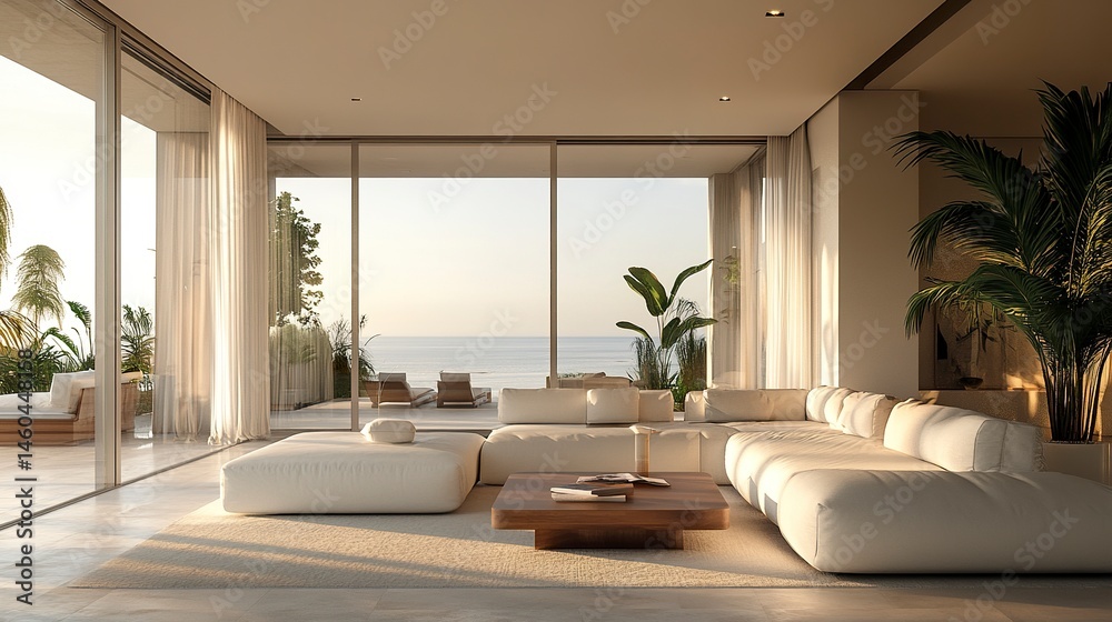 Fototapeta premium A contemporary side return extension flooded with natural light, its clean lines and expansive windows framing a breathtaking outdoor view, perfect for relaxation and inspiration 