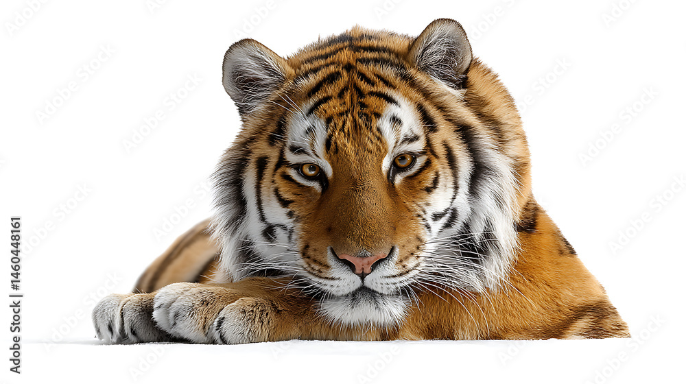 Obraz premium Majestic tiger resting on a white background, showcasing its powerful physique and piercing gaze