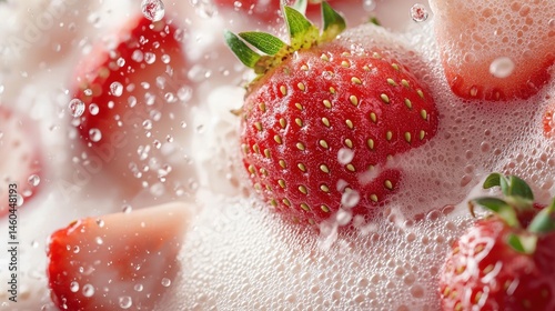 Refreshing bubbles surrounding strawberries kitchen counter food photography bright environment close-up view culinary delight