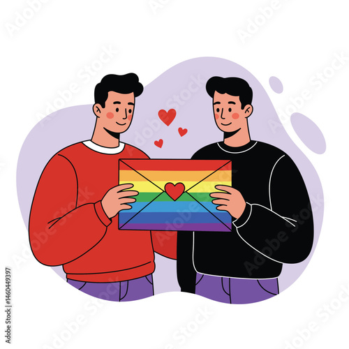 Gay couple holding rainbow flag with heart symbol celebrating pride and love vector illustration 