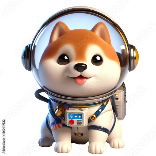 Cute and happy 3d shiba inu astronaut isolated on white background, digital art