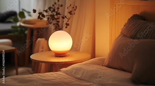 Warm bedroom ambiance lit by a round lamp.