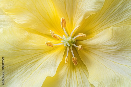 Close-up of a pale yellow flower's center.  Detailed view of delicate petals, stamens, and pistil