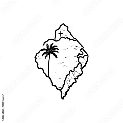 Minimalist island map illustration with palm tree and symbolic cross design