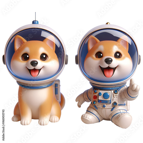 Cute and happy 3d shiba inu astronaut isolated on white background, digital art