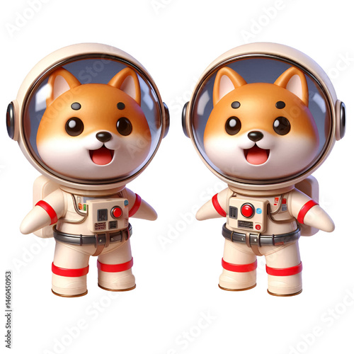 Cute and happy 3d shiba inu astronaut isolated on white background, digital art