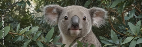 Adorable koala joey nestled amongst eucalyptus leaves, seamless repeat , australian fauna, vector pattern photo