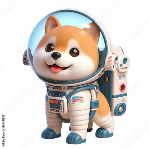 Cute and happy 3d shiba inu astronaut isolated on white background, digital art