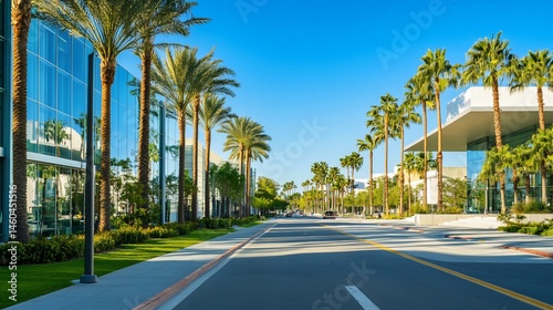 Palm Tree Lined Avenue in Irvine, California with Modern Architecture
