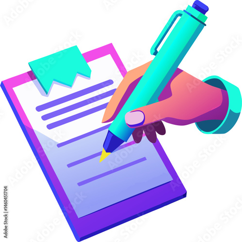 A stylized hand holding a teal pen and writing on a document attached to a purple clipboard with a teal sticky note.