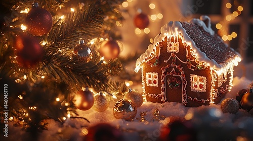 A gingerbread house with icing details and gumdrop decor, nestled near a warmly lit Christmas tree with tinsel and ornaments, symbolizing holiday joy and creativity 