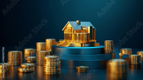 A gleaming golden house model positioned on a sleek blue platform, surrounded by stacks of gold coins, set against a deep blue background, symbolizing wealth and real estate investment 
