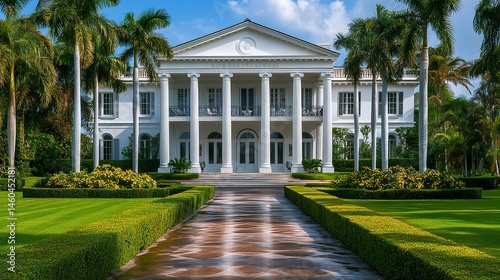 A grand Greek Revival-style white colonial house featuring majestic columns and symmetrical architecture, surrounded by lush greenery and meticulously landscaped gardens, exuding timeless elegance 