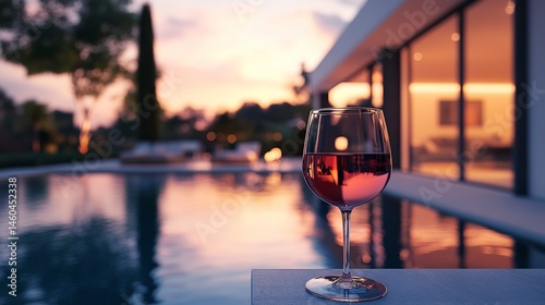A grand modern villa with a spacious swimming pool that spans the length of the property, surrounded by minimalist landscaping and open terraces, creating a serene and luxurious outdoor space 