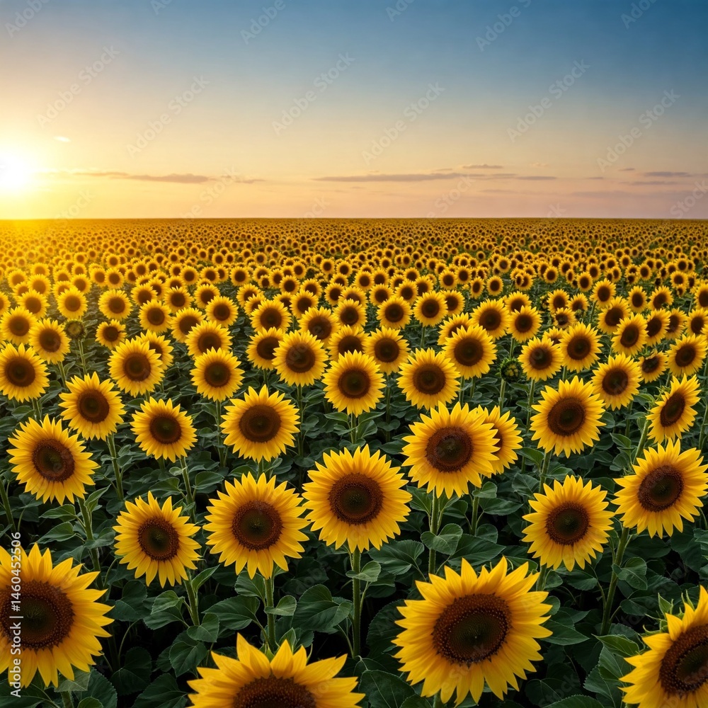 Fototapeta premium Vast field of vibrant yellow sunflowers stretching to the horizon under a beautiful sunset sky with warm golden and pink hues. Abundant and picturesque.
