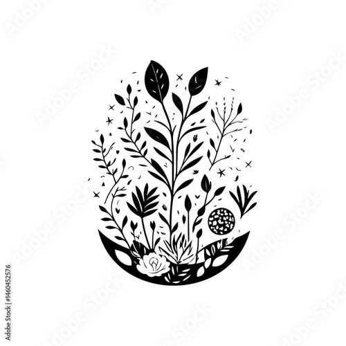 Stylized botanical illustration showcasing intricate foliage in black and white