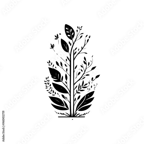 Stylized botanical illustration featuring a monochromatic abstract plant design