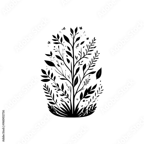 Stylized botanical illustration featuring a dense arrangement of leaves and branches