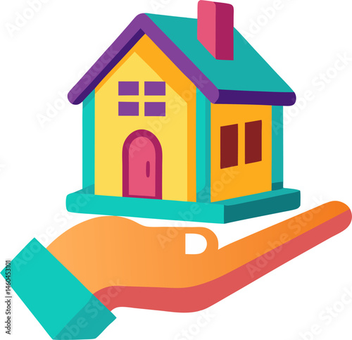 A stylized orange hand with a teal cuff gently holds a small, colorful cartoon house with a yellow exterior, teal roof and base, purple trim and windows, and a pink door and chimney.