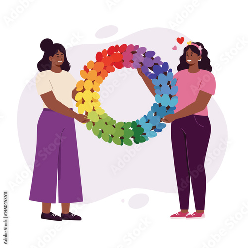 Two happy women holding colorful rainbow wreath symbolizing pride and unity in celebration of diversity and friendship 