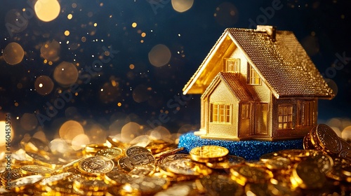 A luxurious golden house model atop a blue platform, encircled by sparkling gold coins and framed by a rich, dark blue background, symbolizing investment and property value 