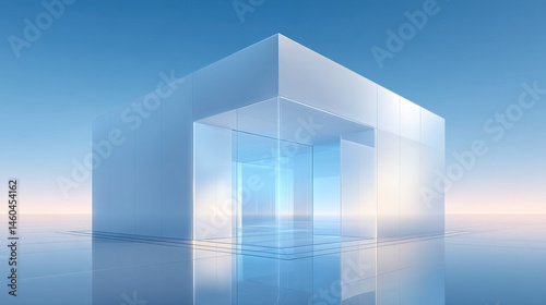 A simple white cube with glass doors on the front, a sky blue gradient background
