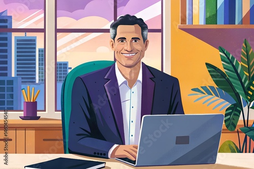Successful businessman in modern office working on laptop.