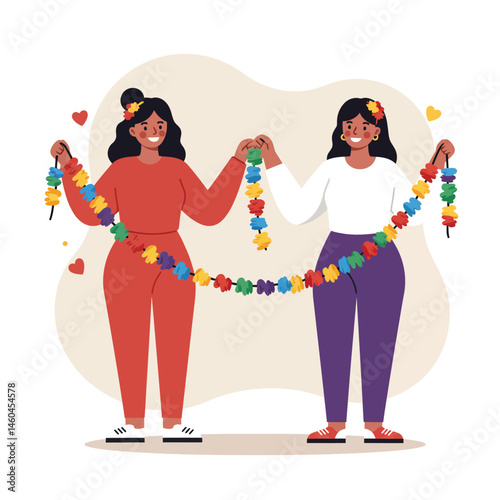 Two women holding colorful flower garland decoration together in casual clothing vector illustration 