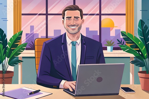 Successful businessman in modern office working on laptop.