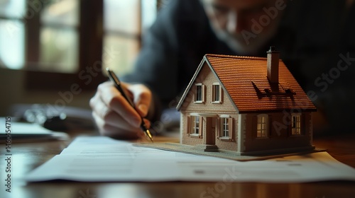 A miniature house model sitting on a table in sharp focus, with a businessperson holding a pen and signing documents in the background, illustrating mortgage and real estate concepts 